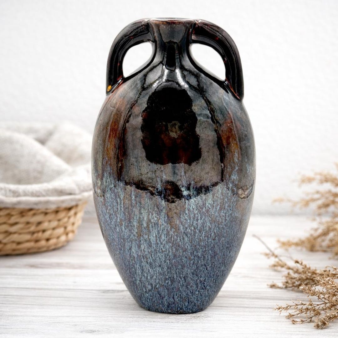 Handmade Studio Pottery Double Handle Vase - Blue Brown Drip Glaze - 11 ...