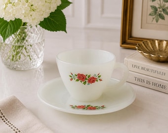 Vintage Fire King Milk Glass Cup & Saucer – Red Rose Pattern – 1950s Anchor Hocking