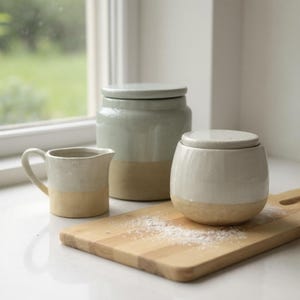 May include: A ceramic kitchen set featuring a small pitcher, a lidded jar, and a round lidded container. The pieces are two-toned, with a light green or white upper half and a tan lower half. They sit on a wooden cutting board.