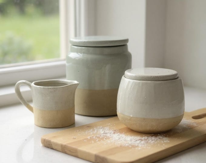 Glazed Stoneware Canister & Creamer Set - Creative Co-op - 3 Piece Kitchen Storage