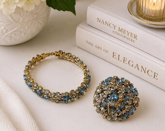 Vintage Hollycraft 1950 Blue Rhinestone Bracelet & Brooch Set – Signed Mid Century Costume Jewelry