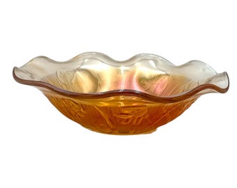 Vintage Iridescent Marigold Carnival Glass Bowl – Embossed Floral Pattern, 9.5” Wide