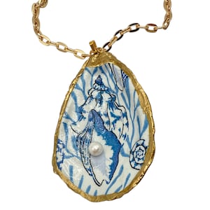 Handmade Coastal Shell Decoupage Oyster Necklace | 30” Gold Dipped Chain | 18K Gold Leaf Edges | One-of-a-Kind from Florida