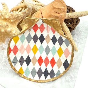 Handmade Harlequin Scallop Shell Trinket Dish – 5” Decoupage with Gold Trim – Coastal Colorful Decor