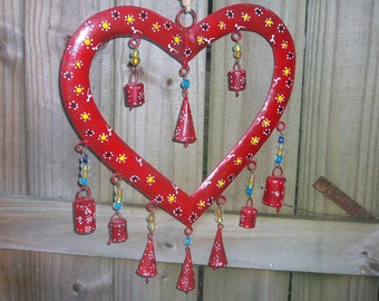 Hand Painted BoHo Red Heart Wind Chime with Blue Green Yellow  Beads and Bells