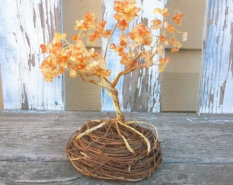Bonsai Gemstone Tree Gold Orange and Yellow with Grapevine Bird's Nest Base