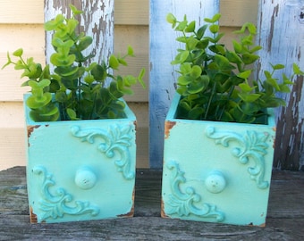 Set of 2 Ornate Robin's Egg Blue Square Box Planters