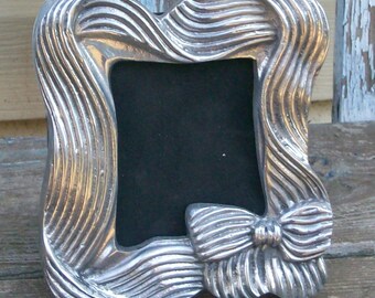 Ornate Shabby Chic Silver Pewter Bow Picture Frame Made by Seagull for Wedding Decor, Nursery Decor