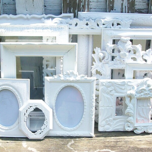 Set of 13 Shabby Chic Bright White Picture Frames for Gallery Wall, Wedding Decor, Nursery Decor Frames