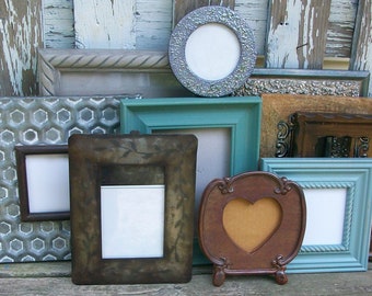 Set of 10 New & Vintage Rustic Chic Picture Frames in Silver Robin's Egg Blue and Shades ofBrown Gallery Wall, Wedding Decor, Nursery Decor