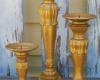 3 Hand Painted Ornate Gold Candleholders