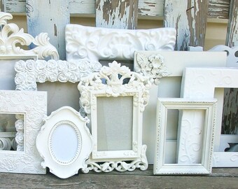 10 New and Vintage Shabby Chic Shades of White Picture Frames Home Decor Wedding Decor