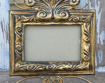 Large Ornate Gold Metal Picture Frame with Distressed Faux Finish