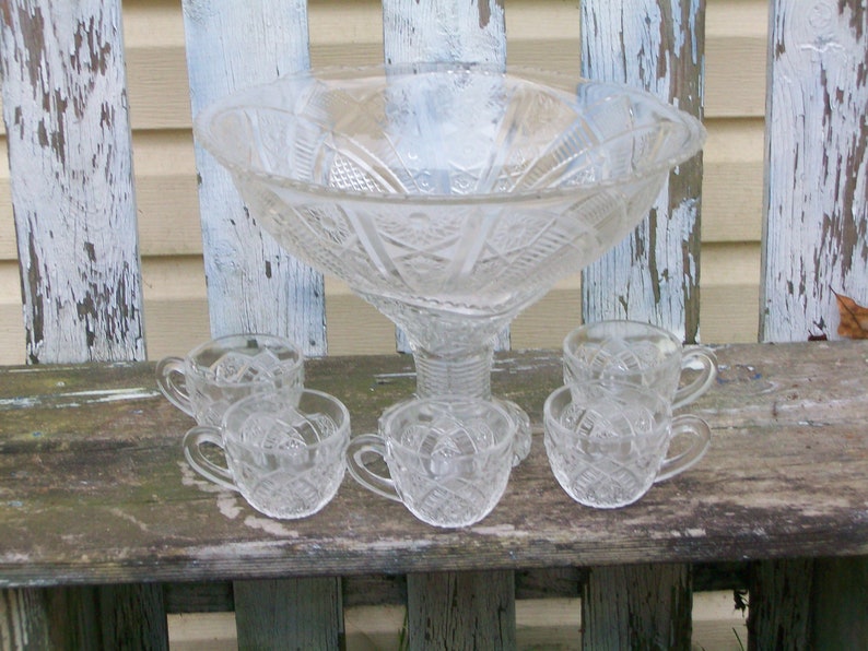 Vintage Cut Glass Punch Bowl with Pedestal and 11 Punch Cups Etsy