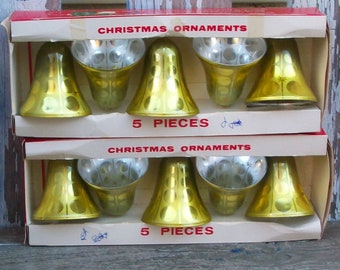 2 Sets of Vintage Jewel Brite Gold Polka Dot Plastic Bells Christmas Ornaments  In Original Box 1960s Christmas Tree Decor