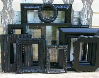 Set of 10 Matte and Glossy Black Distressed Picture Frames Mix