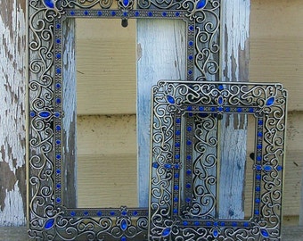 Pair of Shabby Chic Ornate Silver Picture Frames with Blue Accent Stones for Gallery Wall, Wedding Decor, Nursery Decor