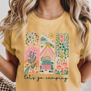 Let&#39;s Go Camping T-shirt, Floral Camping Graphic Tee, Boho Camper Van Shirt, Nature Lover Adventure Tee, Outdoors Travel Gift