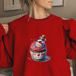 Love Potion Sweatshirt, Valentine Cupcake Graphic Tee, Romantic Love Gift for Her, Magical Sweetheart Aesthetic Outfit