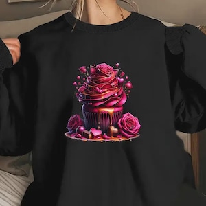 Valentine Cupcake Sweatshirt, Rose Heart Dessert Graphic Tee, Valentine&#39;s Day Gift for Her, Romantic Sweetheart Aesthetic Outfit
