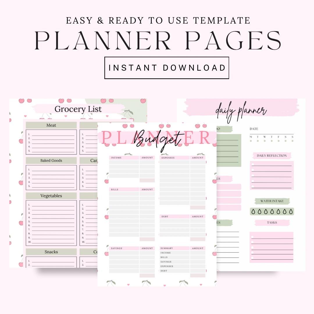 Pink and Green Cherry Planner Bundle | Printable Budget, Daily Planner ...