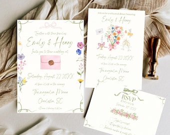 Puede incluir: Juego de invitaciones de boda con diseños florales en acuarela y caligrafía. La invitación incluye los nombres "Emily & Henry", detalles del evento e información de RSVP. El juego incluye una invitación principal, una tarjeta de cena de ensayo y una tarjeta RSVP.