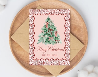 Red and Pink Christmas Cards | Christmas Tree With Bows Festive Cards | Personalized Cards with Last Name | Holiday Cards Printed & Shipped