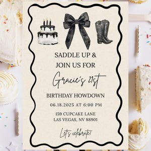 Bewerkbare meisjesfeest Howdown Throwdown 21e verjaardagsuitnodiging verjaardag boog preppy laarzen Cowgirl Evite sjabloon afdrukbare digitale download