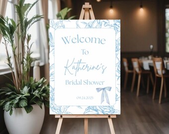 PRINTED + SHIPPED | Blue Floral Bridal Shower Welcome Sign | Customizable Wedding Shower Poster | Blue Bridal Shower Theme Paper/Poster