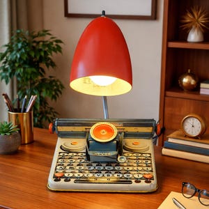 May include: A vintage typewriter with a red desk lamp. The typewriter has a cream-colored keyboard with black keys and a blue and orange carriage. The red lamp is positioned above the typewriter, illuminating the keys. The desk is made of wood.