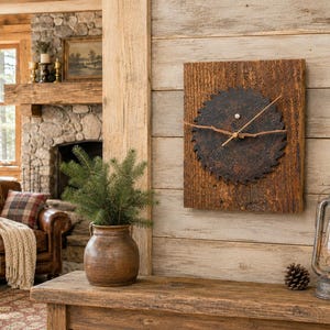 May include: A wall clock featuring a circular, dark, rusted metal saw blade mounted onto a rectangular, weathered brown wooden board. The clock has two thin, twig-like hands in a light brown color, positioned at the center of the saw blade.
