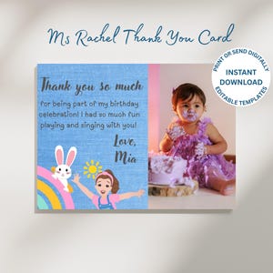 Tarjeta de agradecimiento de cumpleaños de la Sra. Rachel editable con plantilla de foto, descarga instantánea