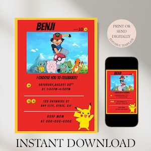 Printable Birthday Invitation, b-day invite, editable invitation, anime, pokecard, birthday invite, Instant Download