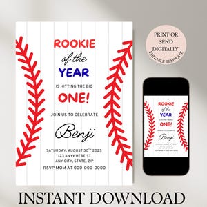Rookie of the Year First Birthday Invitation, Editable Baseball Theme | 1st Birthday Template, Digital Download, Canva Invite