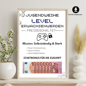 Könnte beinhalten: Gerahmter Druck mit deutschem Text, darunter "JUGENDWEIHE LEVEL ERWACHSENWERDEN". Enthält einen Gamecontroller und ein Schloss-Symbol. Mit "Mission: Selbstständig & Stark" und eine 10-Euro-Banknote.