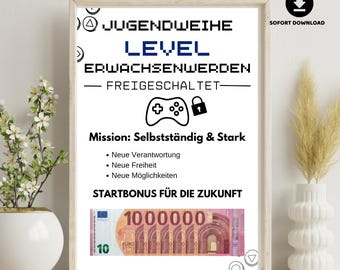 Money Gift for Jugendweihe Boy or Girl – Level Adulthood Unlocked, Gaming Poster, DIY Cash Gift Template