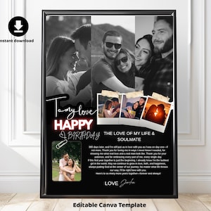 Op de afbeelding: Zwart ingelijste print met een collage van foto's van stellen. De print bevat de tekst "To my love, Happy Birthday, The love of my life & Soulmate". De woorden "Instant download" en "Editable Canva Template" zijn ook zichtbaar.