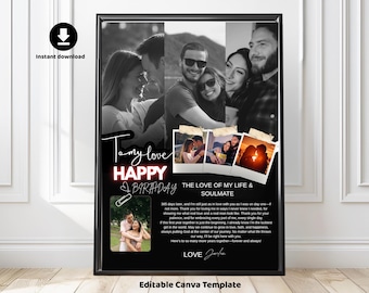 Custom Couple Photo Collage Template | Boyfriend Birthday or Anniversary Gift | Editable Canva Card | Printable Wall Art PDF