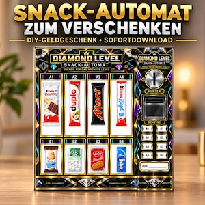 Pode incluir: Um modelo retangular de máquina de venda automática de snacks para fazer você mesmo, com um padrão de diamantes em preto e dourado. O design inclui oito compartimentos para snacks rotulados A1-A4 e B1-B4, moedeiro, leitor de notas e teclado.