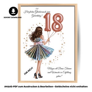 Könnte beinhalten: Gerahmter Druck mit einer jungen Frau, die zwei roségoldene Luftballons mit der Zahl 18 hält. Das Kleid der Frau ist aus Geld gefertigt. Der Druck enthält deutschen Text mit "Herzlichen Glückwunsch zum Geburtstag!" und "Für dich!"