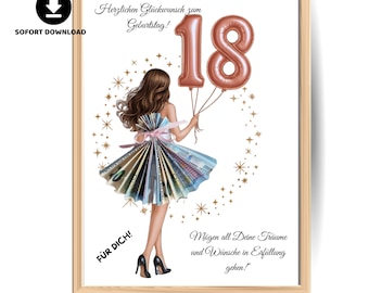 Printable Poster Money Gift 18th Birthday Girl,  Editable cash gift as folded dress for 18 years old girl pdf