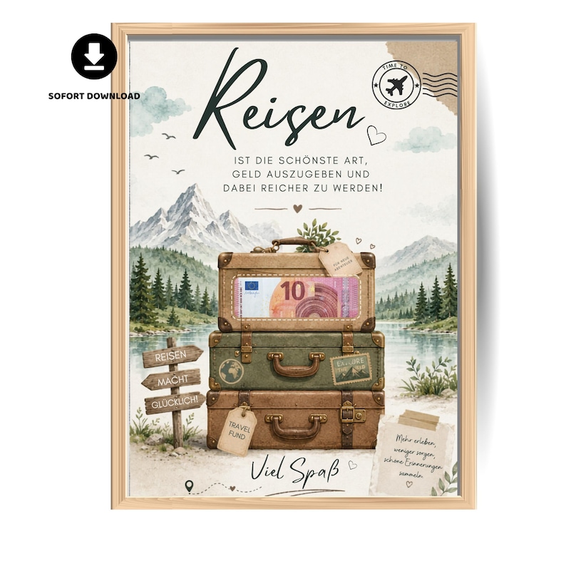 Kreatives Reisekasse Geldgeschenk mit Vintage-Koffern vor Berglandschaft, personalisierbares Reisegeld Geschenk zum Ausdrucken für Urlaub, Camping, Camper und neue Abenteuer