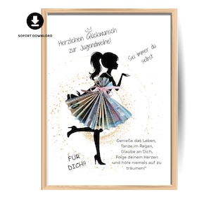 Op de afbeelding: Een ingelijste kunstdruk met een zwart silhouet van een vrouw in een jurk gemaakt van gevouwen bankbiljetten. De print bevat Duitse tekst, een kroon en de woorden "SOFORT DOWNLOAD". De lijst is licht hout.