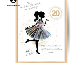Vestido para regalar en efectivo por tu 20.º cumpleaños: regalo creativo con dinero. Descarga digital, PDF, A4/A5.