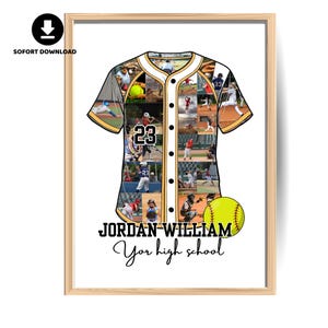 May include: A framed baseball jersey design with the name "JORDAN WILLIAM" and the text "Your high school". The jersey is white with black and gold accents, and the number "23". The jersey is filled with baseball action photos and a yellow baseball.