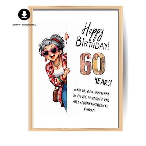 May include: A framed print with a cartoon illustration of a woman wearing heart-shaped sunglasses. The print says "Happy Birthday! 60 Years!" in a decorative font. The image includes German text wishing the recipient joy and health.