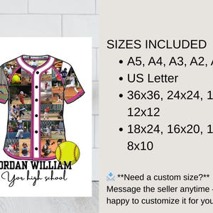 May include: A white baseball jersey design with a collage of baseball action photos, a yellow baseball, and the text "JORDAN WILLIAM Your high school." Available in various sizes, including 36x36 inches, 24x24 inches, and 18x18 inches.