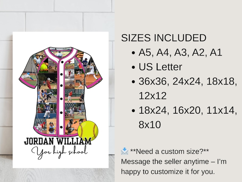 May include: A white baseball jersey design with a collage of baseball action photos, a yellow baseball, and the text "JORDAN WILLIAM Your high school." Available in various sizes, including 36x36 inches, 24x24 inches, and 18x18 inches.