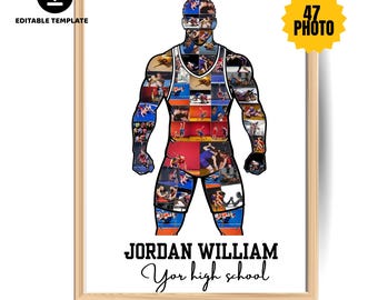 wrestling photo collage, senior nigh poster, wrestling coach gift, CANVA template