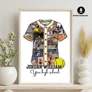 May include: A framed baseball jersey design with a collage of baseball action photos. The jersey is white, black, and gold, with the number 23. The text reads "JORDAN WILLIAM" and "Your high school". A softball is in the lower right corner.